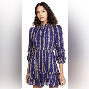 Valencia & Vine Emilie Mini Dress Navy Blue Yellow Floral Stripe Ruffle M